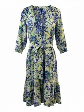 Talbots Blue Yellow Green Floral Belted Midi Dress 3/4 Sleeve Cotton 16